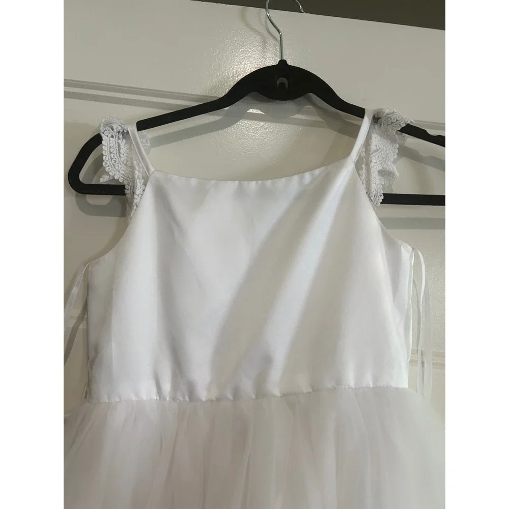 David's Bridal Tulle Dress Girls White Lace Sleeve Flower Girl 8